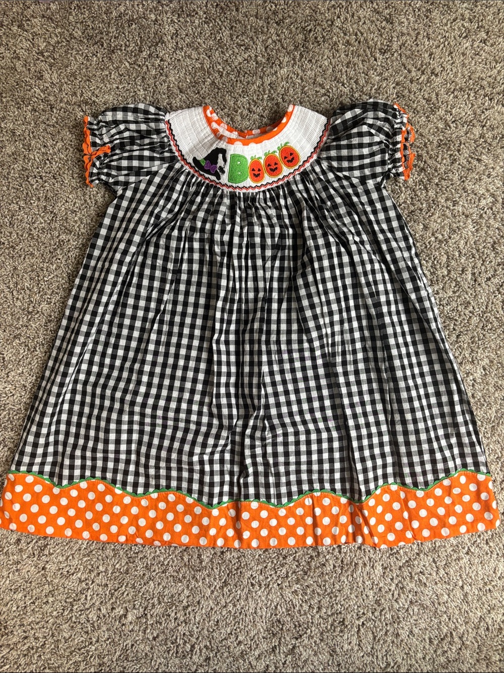 Black & White Gingham Halloween Dress with Orange Trim